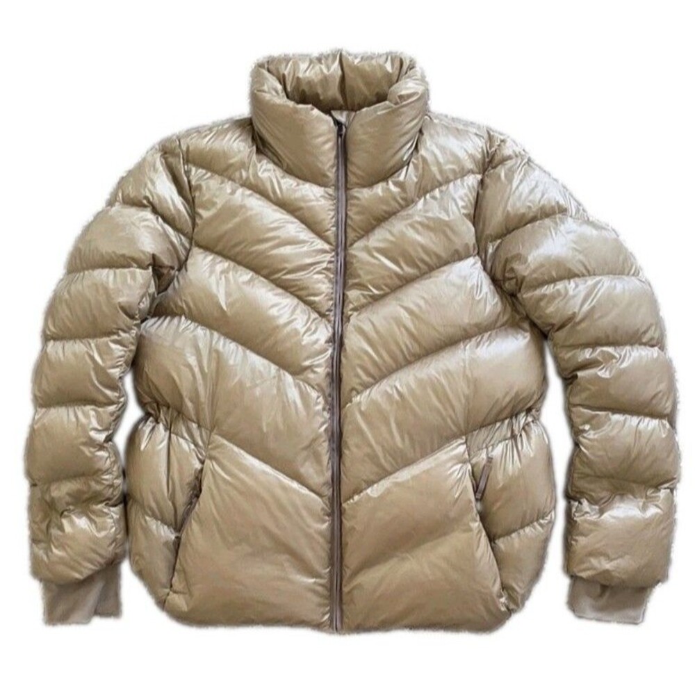 Athleta Lofty Down Puffer Jacket Womens Large Metallic Beige Gold Full Zip L